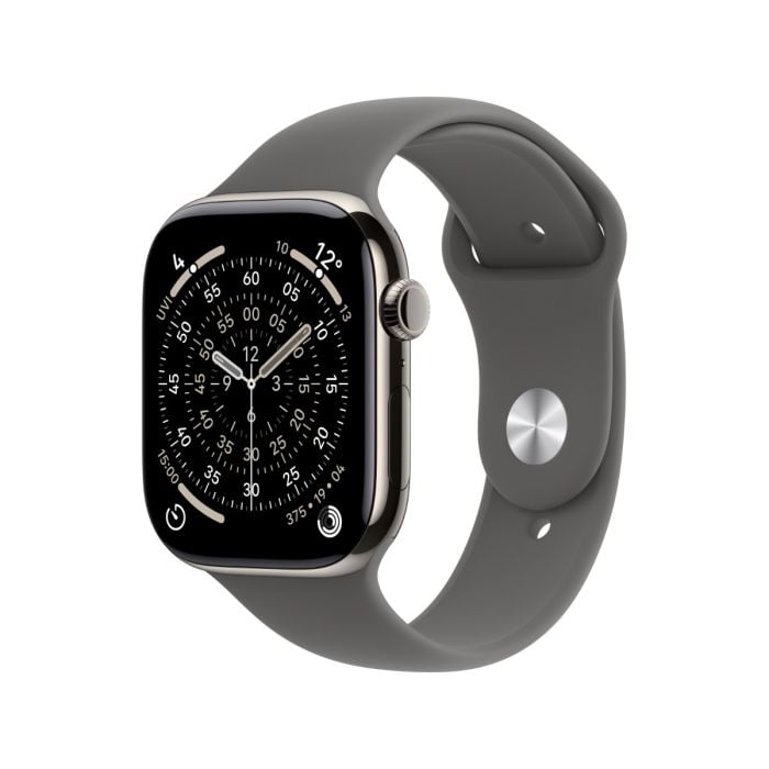 Apple Watch Series 11 with natural titanium case and stone grey sport band, showing the watch face and band details.