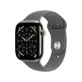 Apple Watch Series 11 with natural titanium case and stone grey sport band, showing the watch face and band details.