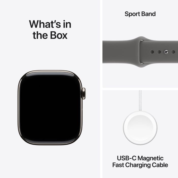 Apple Watch Series 11 with natural titanium case and Stone Grey Sport Band, showcasing a sleek smartwatch design.