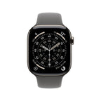 Apple Watch Series 11 with natural titanium case and stone grey sport band, showing the sleek watch face and band details.