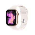 Apple Watch Series 11 with rose gold aluminum case and light blush sport band, shown on a wrist with digital display.