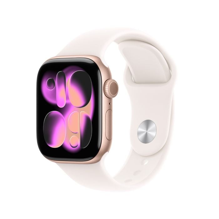 Apple Watch Series 11 with rose gold aluminum case and light blush sport band, shown on a wrist with digital display.