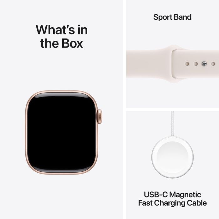 Apple Watch Series 11 with rose gold aluminum case and light blush sport band, showing the watch face and band details.