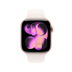 Apple Watch Series 11 with rose gold aluminum case and light blush sport band, displayed on a white background.
