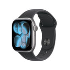 Apple Watch Series 11 with Space Grey aluminium case and black sport band, showing the smartwatch on a wrist.