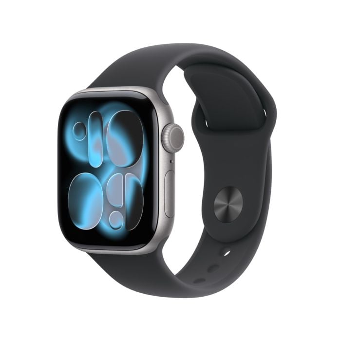 Apple Watch Series 11 with Space Grey aluminium case and black sport band, showing the smartwatch on a wrist.