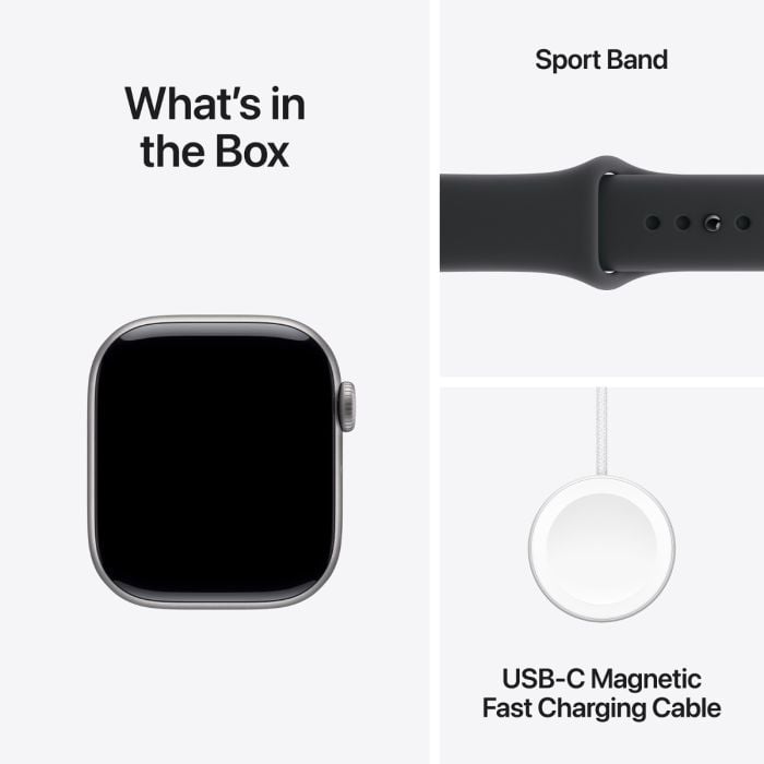 Apple Watch Series 11 with Space Grey aluminium case and black sport band, shown on a wrist.