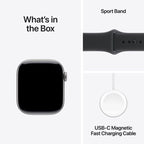 Apple Watch Series 11 with Space Grey aluminium case and black sport band, shown on a wrist.