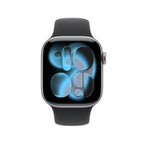 Apple Watch Series 11 with space grey aluminum case and black sport band, shown on a white background.