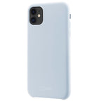 Oraxxi BeHello iPhone 11 liquid silicone case in sky blue, showing the smooth, flexible protective cover on the phone.