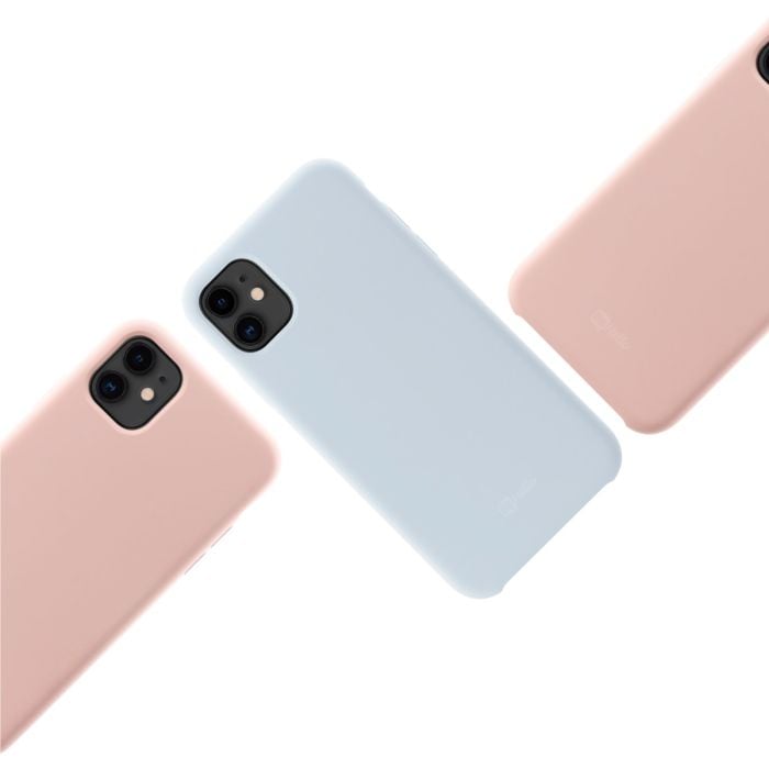 Oraxxi BeHello iPhone 11 liquid silicone case in sky blue, showing a smooth, snug fit and soft texture on the phone.