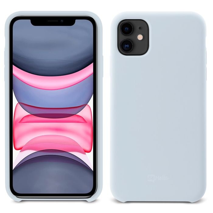 Sky blue BeHello silicone case for iPhone 11 by Oraxxi, showing the smooth, flexible liquid silicone material and snug fit.