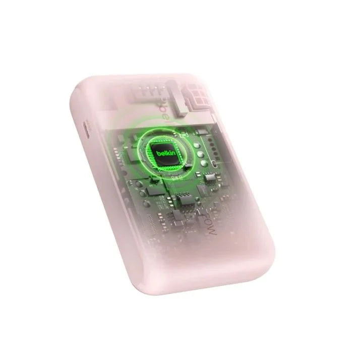 Pink Oraxxi Belkin 10,000 mAh 20W power bank with integrated USB-C cable and USB-C port for quick device charging.