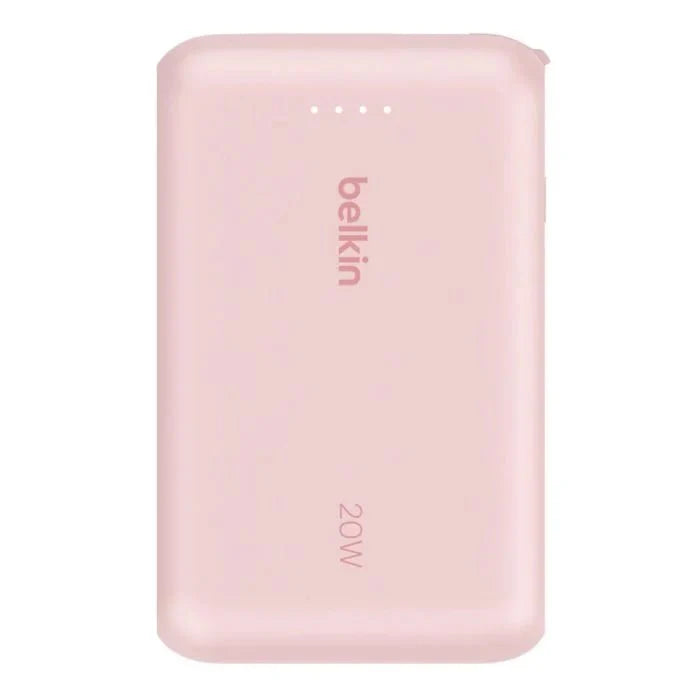 Pink Belkin 10,000 mAh 20W power bank with USB-C port and integrated cable, compact and portable for on-the-go charging.