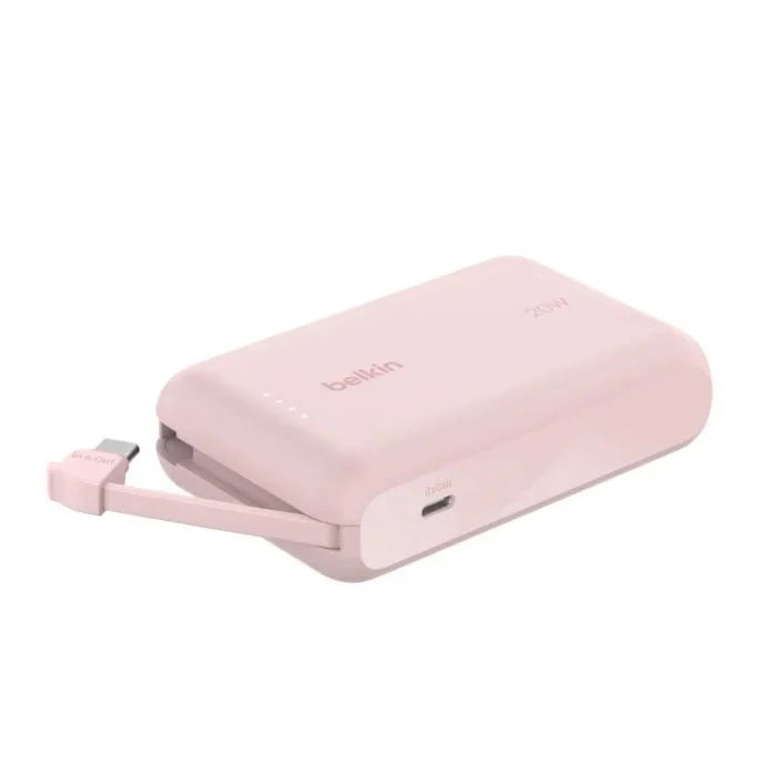 Pink Belkin 10,000mAh 20W power bank with USB-C port and integrated USB-C cable by Oraxxi, portable and compact.