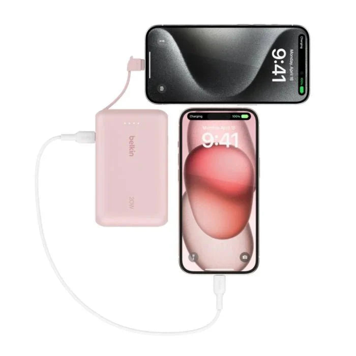 Pink Belkin 10,000mAh 20W power bank with USB-C port and integrated cable, compact portable charger by Oraxxi.