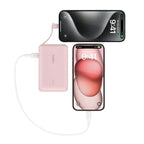 Pink Belkin 10,000mAh 20W power bank with USB-C port and integrated cable, compact portable charger by Oraxxi.