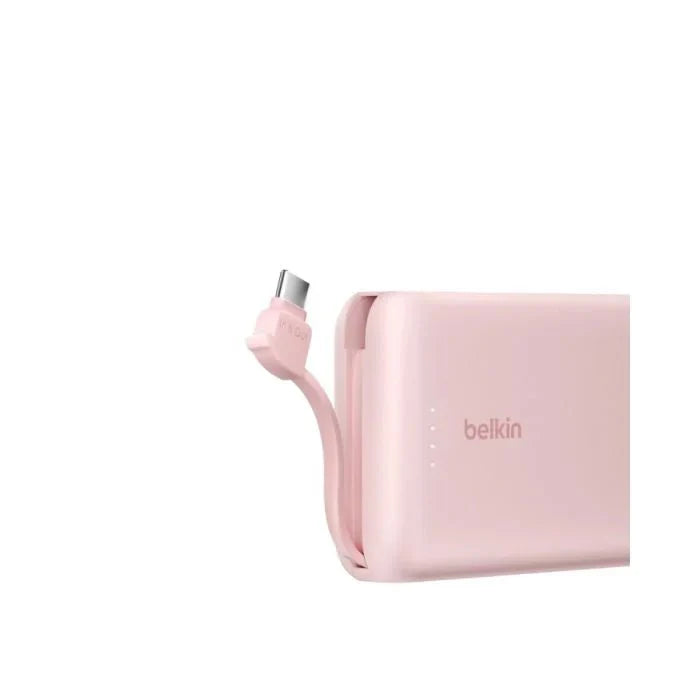 Pink Belkin 10,000 mAh 20W Power Bank with USB-C port and integrated cable, designed for portable device charging.