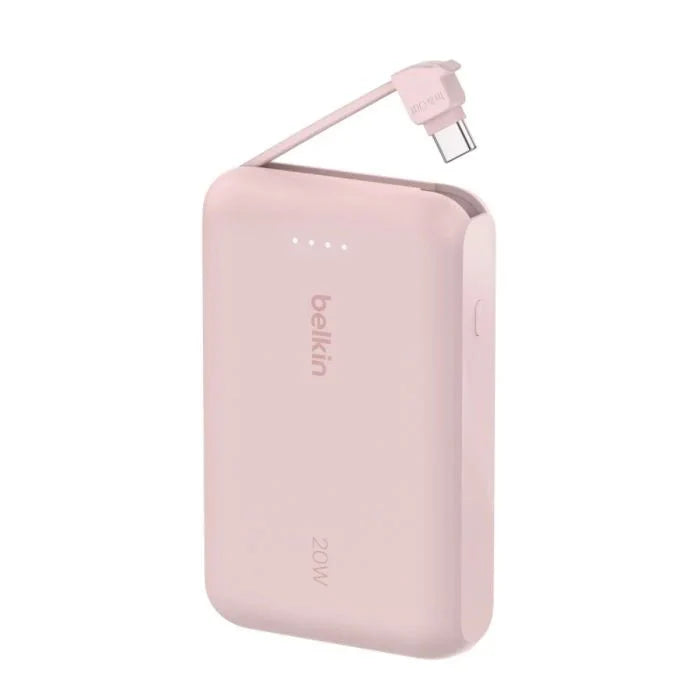 Pink Belkin 10,000mAh 20W power bank with USB-C port and integrated cable, designed for portable device charging.