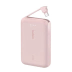 Pink Belkin 10,000mAh 20W power bank with USB-C port and integrated cable, designed for portable device charging.