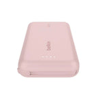 Pink Belkin 10,000mAh 20W power bank with integrated USB-C cable and port, compact design for portable device charging.