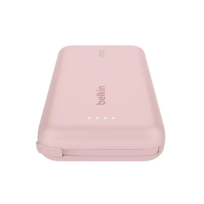 Pink Belkin 10,000mAh 20W power bank with integrated USB-C cable and port, compact design for portable device charging.