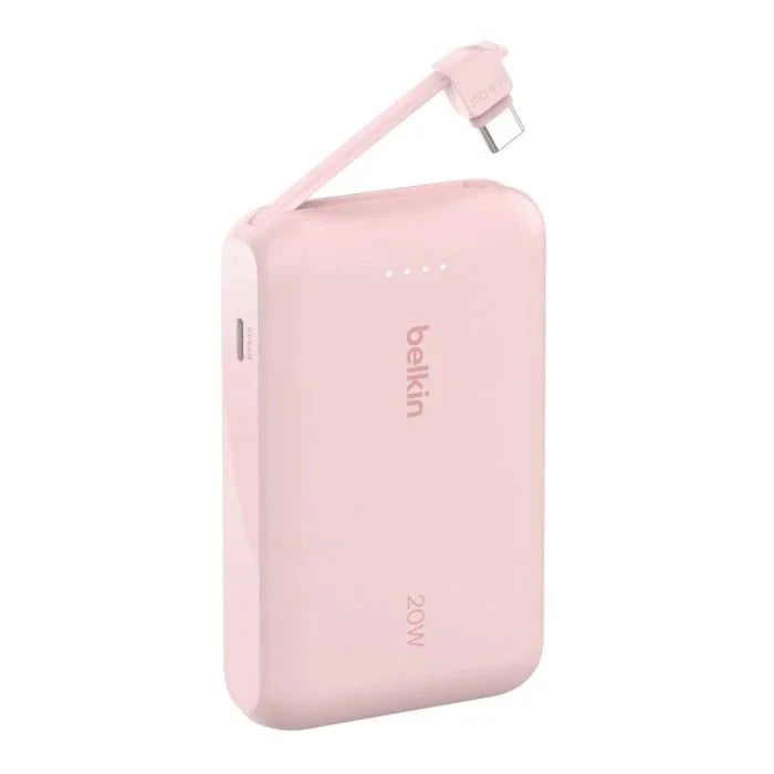 Pink Belkin 10,000mAh 20W power bank with integrated USB-C cable and port, compact portable charger by Oraxxi