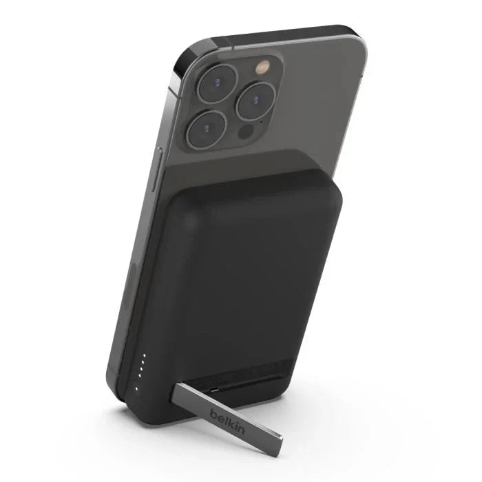 Oraxxi Belkin 5K magnetic wireless power bank with 5000mAh capacity and kickstand in black, designed for portable charging.