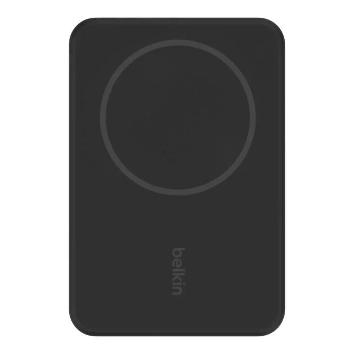 Black Belkin 5K Magnetic Wireless Power Bank with 5000mAh capacity and integrated kickstand, designed for charging on the go.
