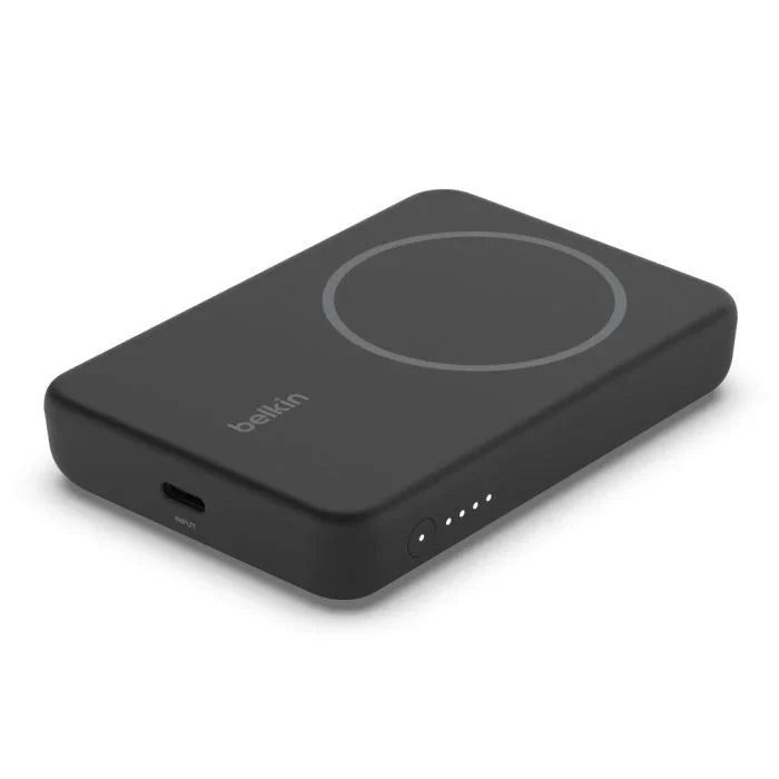 Black Belkin 5K Magnetic Wireless Power Bank with 5000mAh capacity and integrated kickstand, branded by Oraxxi.