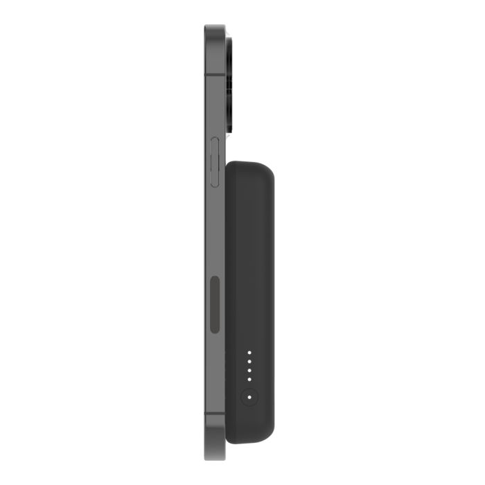 Black Belkin 5K Magnetic Wireless Power Bank with 5000mAh capacity and kickstand, designed for convenient mobile charging.