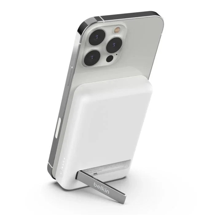 White Belkin 5K magnetic wireless power bank with 5000mAh capacity and kickstand, branded by Oraxxi.