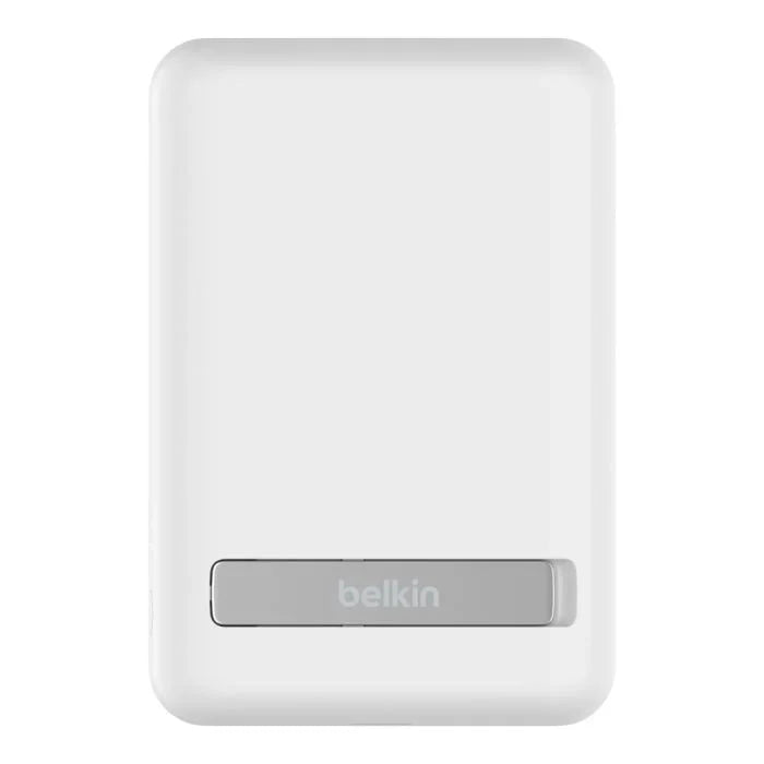 White Belkin 5K Magnetic Wireless Power Bank with 5000mAh capacity and built-in kickstand by Oraxxi.