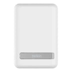 White Belkin 5K Magnetic Wireless Power Bank with 5000mAh capacity and built-in kickstand by Oraxxi.