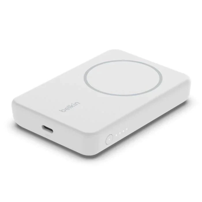 Oraxxi Belkin 5K magnetic wireless power bank with 5000mAh capacity and kickstand in white, showing its sleek design and magnetic feature.