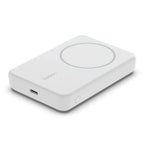 Oraxxi Belkin 5K magnetic wireless power bank with 5000mAh capacity and kickstand in white, showing its sleek design and magnetic feature.
