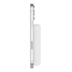 White Belkin 5K magnetic wireless power bank with 5000mAh capacity and kickstand, branded by Oraxxi.