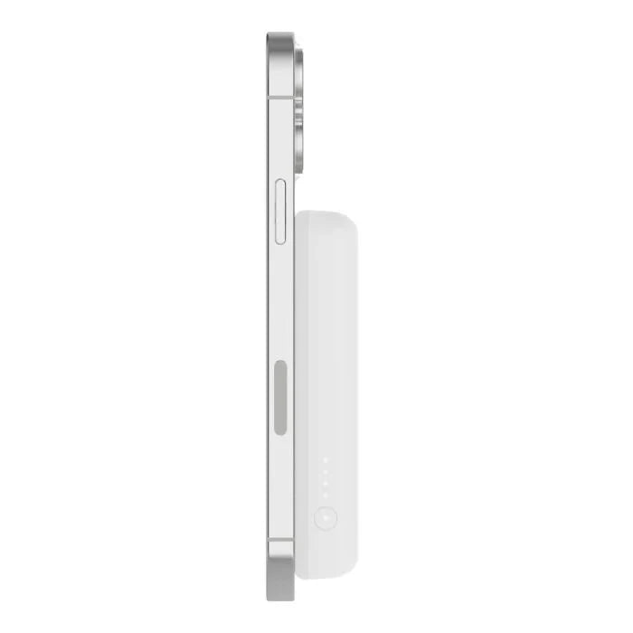 White Belkin 5K magnetic wireless power bank with 5000mAh capacity and kickstand, branded by Oraxxi.