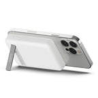 White Belkin 5K Magnetic Wireless Power Bank with 5000mAh capacity and integrated kickstand by Oraxxi.