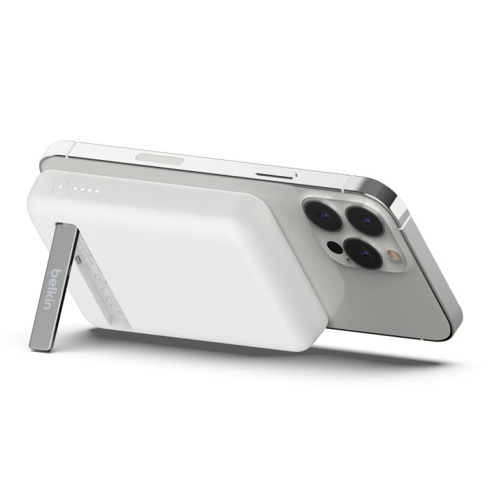 White Belkin 5K Magnetic Wireless Power Bank with 5000mAh capacity and integrated kickstand by Oraxxi.