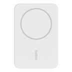 White Belkin 5K magnetic wireless power bank with 5000mAh capacity and kickstand, branded Oraxxi, for portable charging.