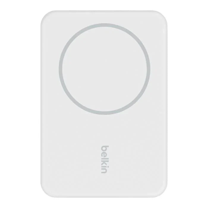 White Belkin 5K magnetic wireless power bank with 5000mAh capacity and kickstand, branded Oraxxi, for portable charging.
