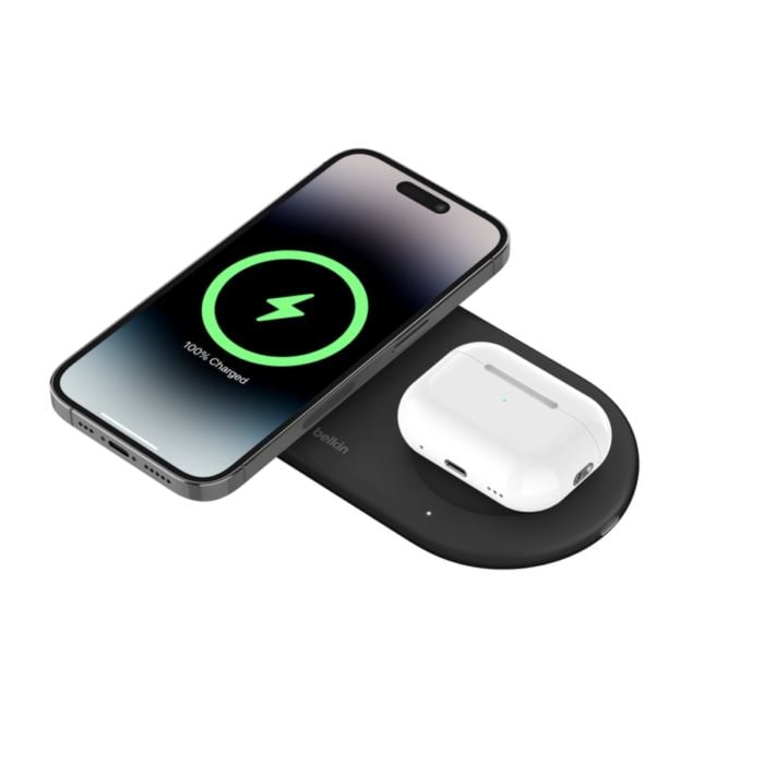 Oraxxi Belkin BoostCharge Pro 2-in-1 wireless charger in black, showing sleek design for charging devices simultaneously