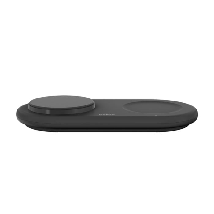 Black Belkin BoostCharge Pro 2-in-1 wireless charger on a sleek surface, designed for fast charging smartphones and earbuds.