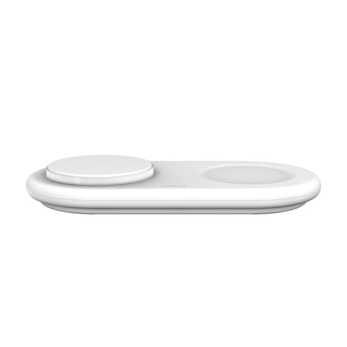 White Belkin BoostCharge Pro 2-in-1 wireless charger with sleek design, ideal for charging smartphones and accessories.