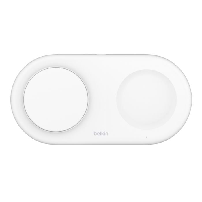 Oraxxi Belkin BoostCharge Pro 2-in-1 Wireless Charger in white with sleek design for charging smartphones and earbuds simultaneously.