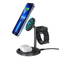 Choetech 3-in-1 15W Qi2 magnetic charging stand in black, displaying a sleek design with multiple charging ports and magnetic sections.