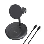 Choetech 3-in-1 15W Qi2 magnetic charging stand in black, showing the sleek stand with multiple device charging areas.