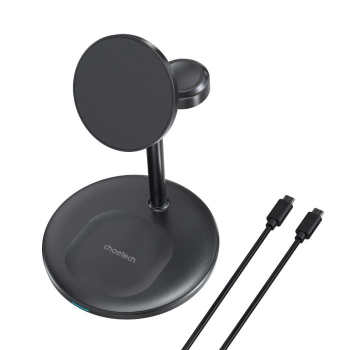 Choetech 3-in-1 15W Qi2 magnetic charging stand in black, showing the sleek stand with multiple device charging areas.