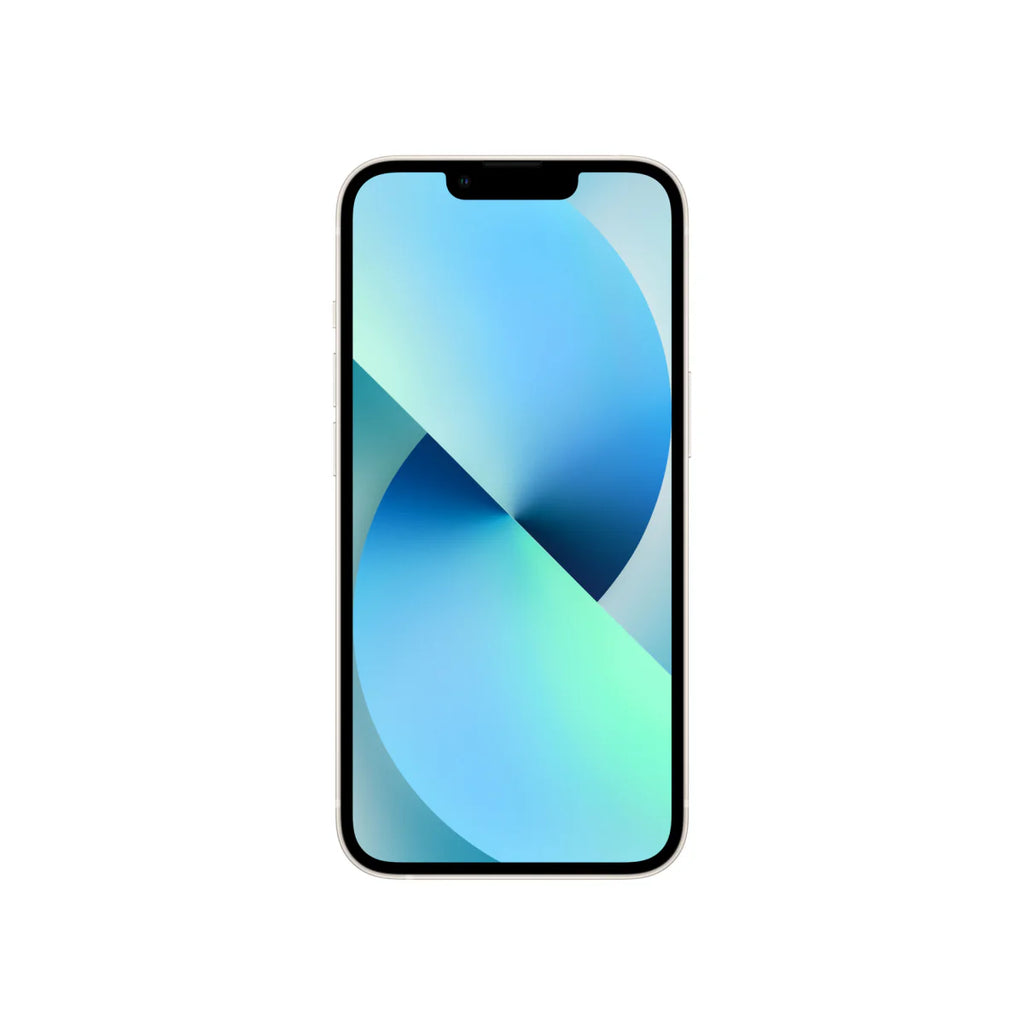 Silver iPhone 13 with 128GB storage in Starlight color, featuring sleek design and dual camera system, by Oraxxi.